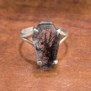 Coffin Shape Black Rutile Gemstone .925 Sterling Silver Ring Size 11